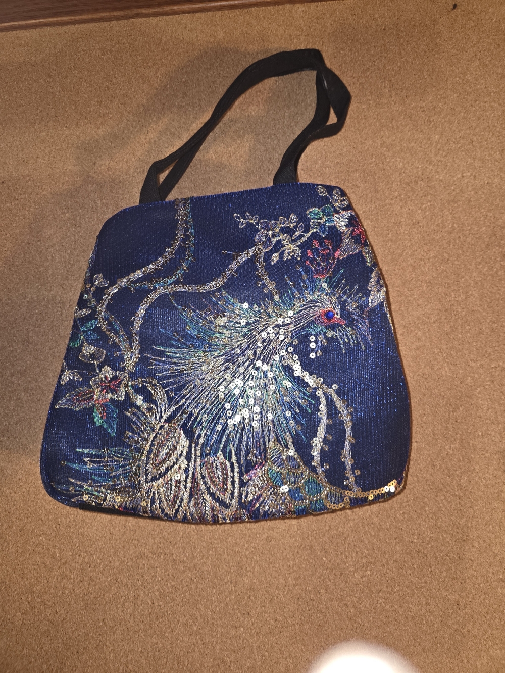 Embroidered Peacock Beaded Shoulder Bag - Navy